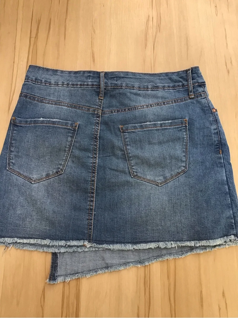 Blue Jean Denim‎ Asymmetrical Wrap Faded Frayed Mini Skirt Sz 9 Military Buttons